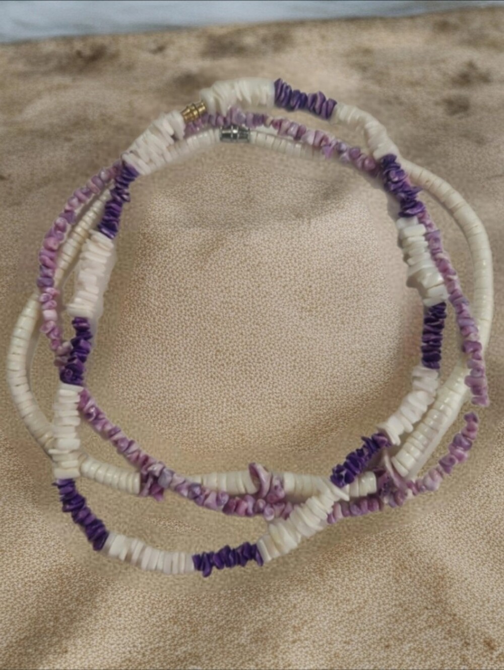 Boho Shell & Purple Stone Chip Necklace Set of 3  Heishi Bead Choker Bundle